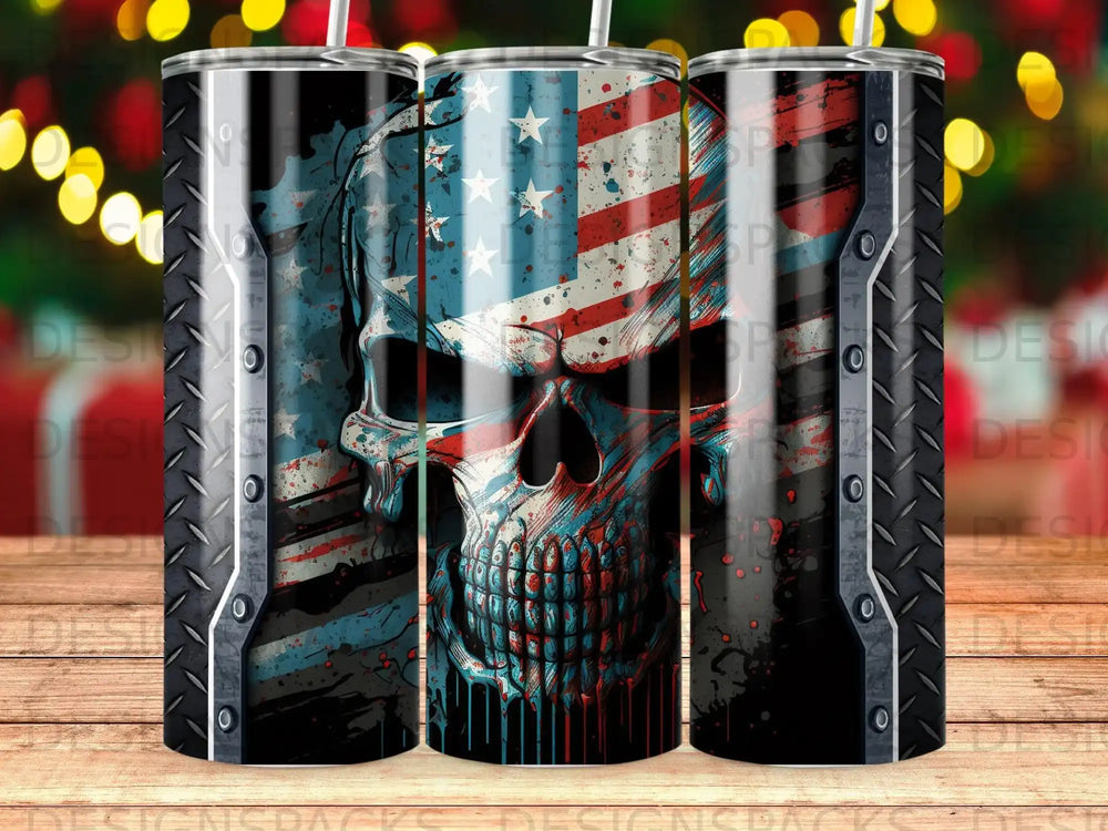 American flag skull with distressed texture and metallic band.