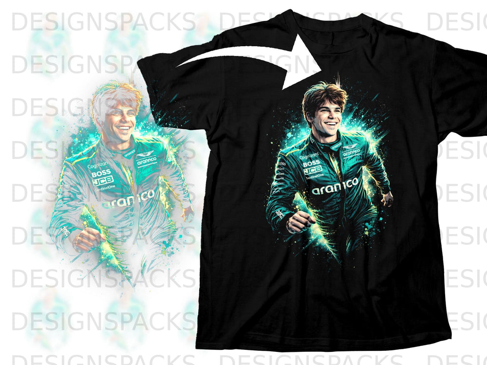 Black t-shirt featuring a graphic of a smiling driver in a green racing suit.