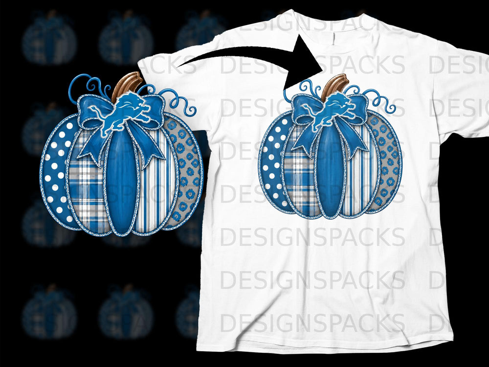 Blue pumpkin graphic with bow and lion logo on a white t-shirt.