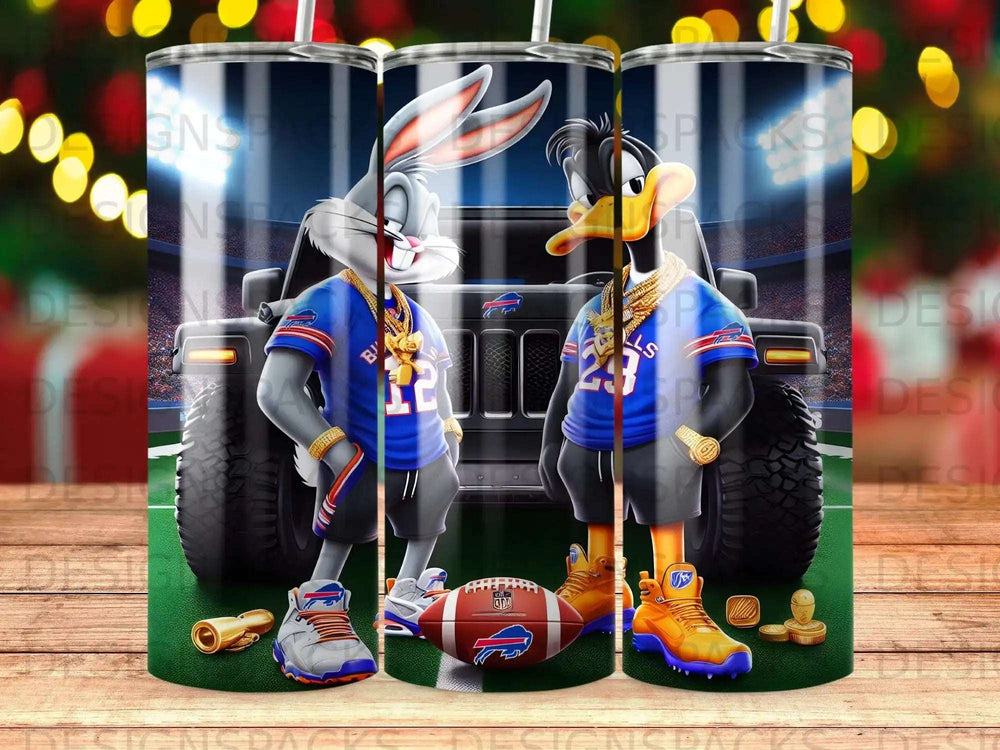 Bugs Bunny and Daffy Duck in football jerseys standing by a jeep.