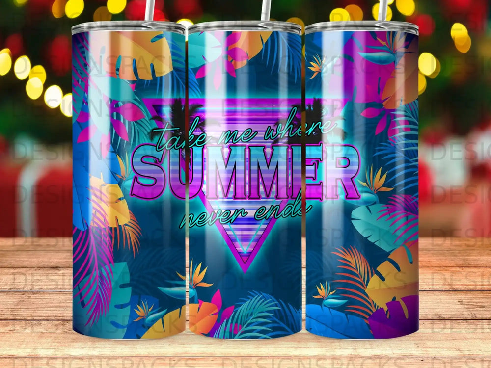 Tumbler with neon tropical leaves and "Summer never ends" text.