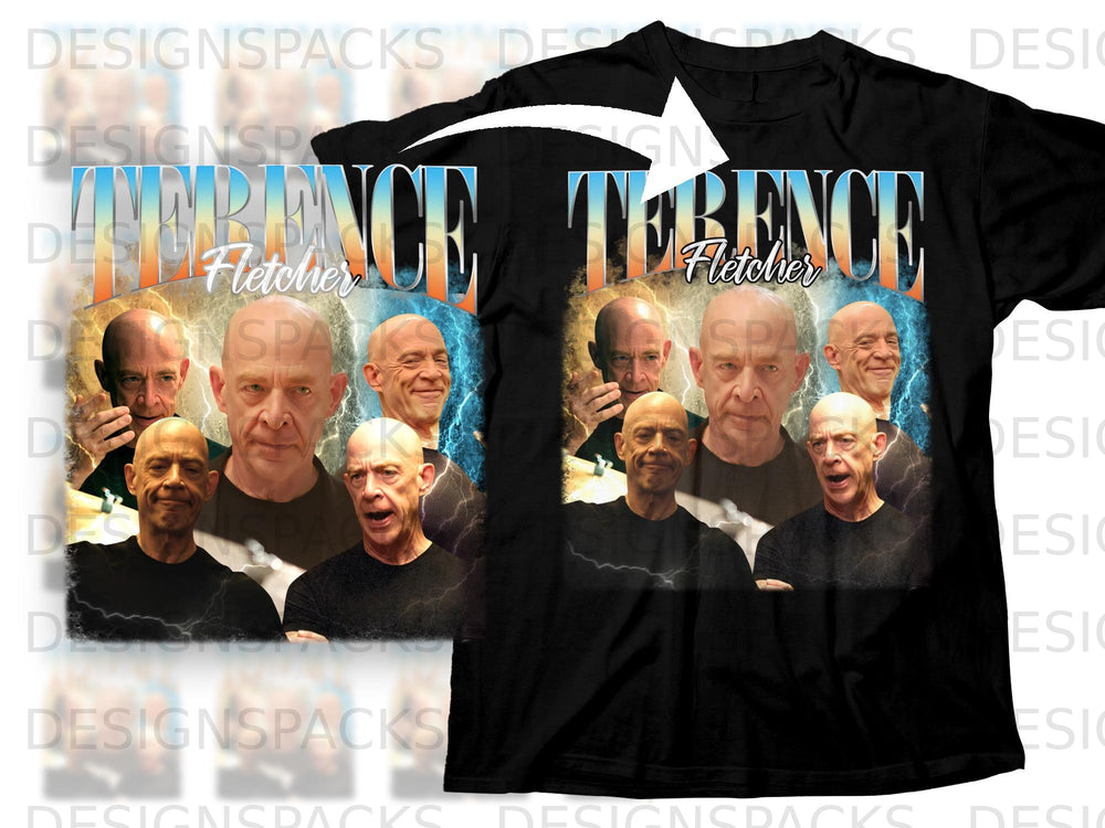 Terrence Fletcher collage on black t-shirt.