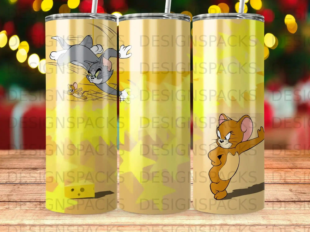 Tom and Jerry characters with cheese on a yellow background.