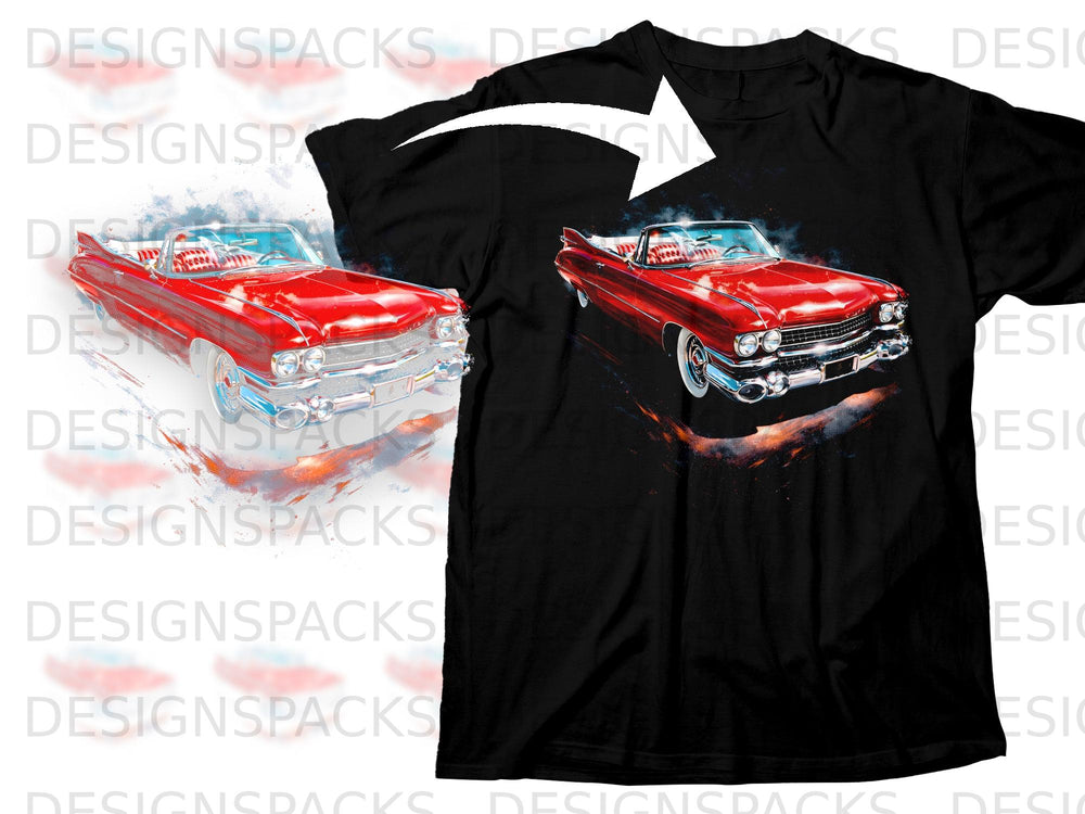 Black t-shirt with a graphic of a red classic convertible car.