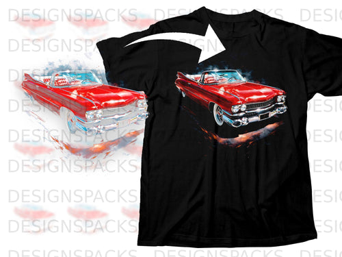 Black t-shirt with a graphic of a red classic convertible car.