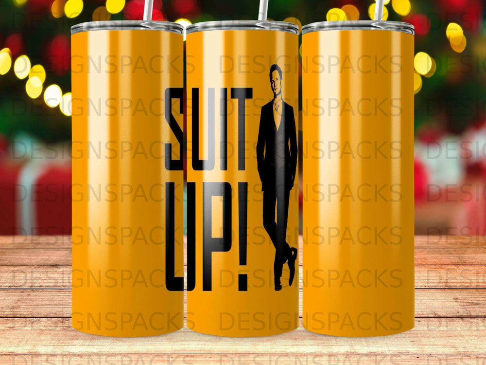 Tumbler with "Suit Up!" text and a silhouette of a person.