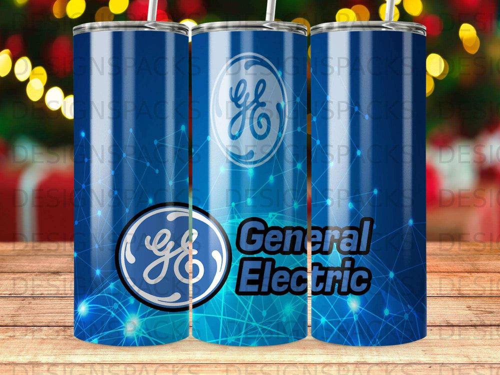 General Electric logo on a blue, glowing, geometric background.