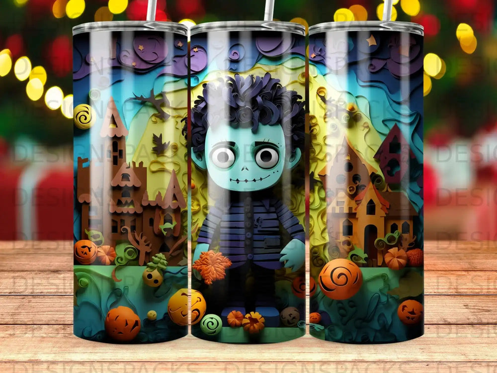 Cartoon monster with pumpkins and haunted houses on a Halloween-themed tumbler.