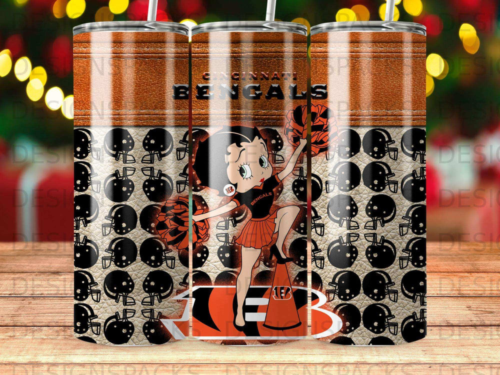 Cincinnati Bengals Betty Boop tumbler with team logo and black helmet pattern.