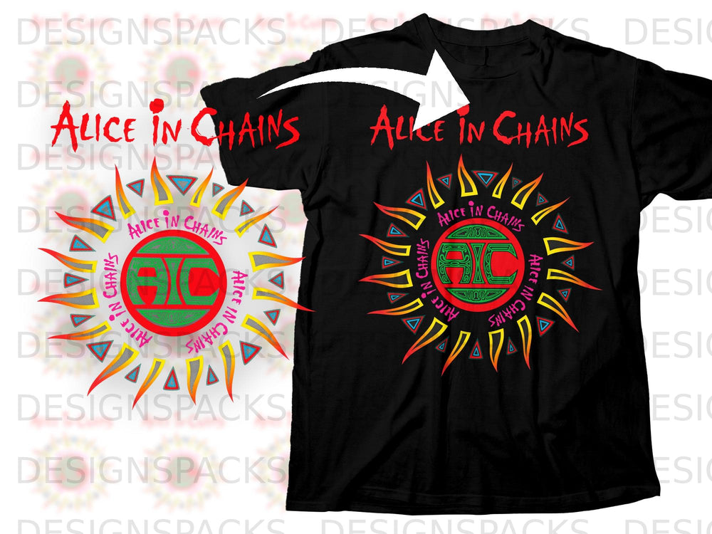 Black t-shirt featuring red Alice in Chains text and a sun-like graphic.
