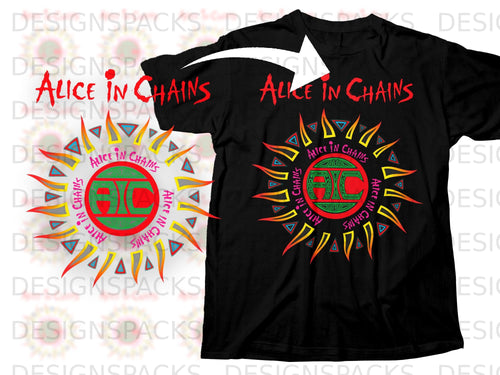 Black t-shirt featuring red Alice in Chains text and a sun-like graphic.