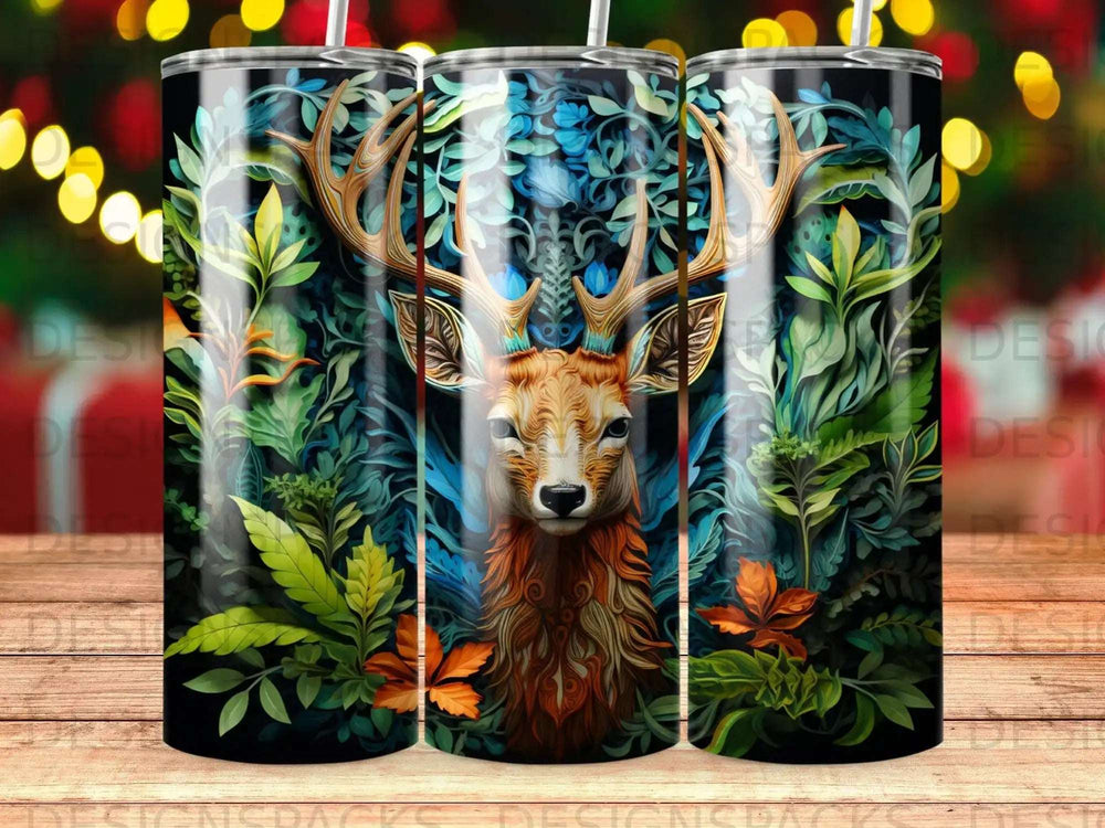 Majestic deer with antlers surrounded by lush green foliage.