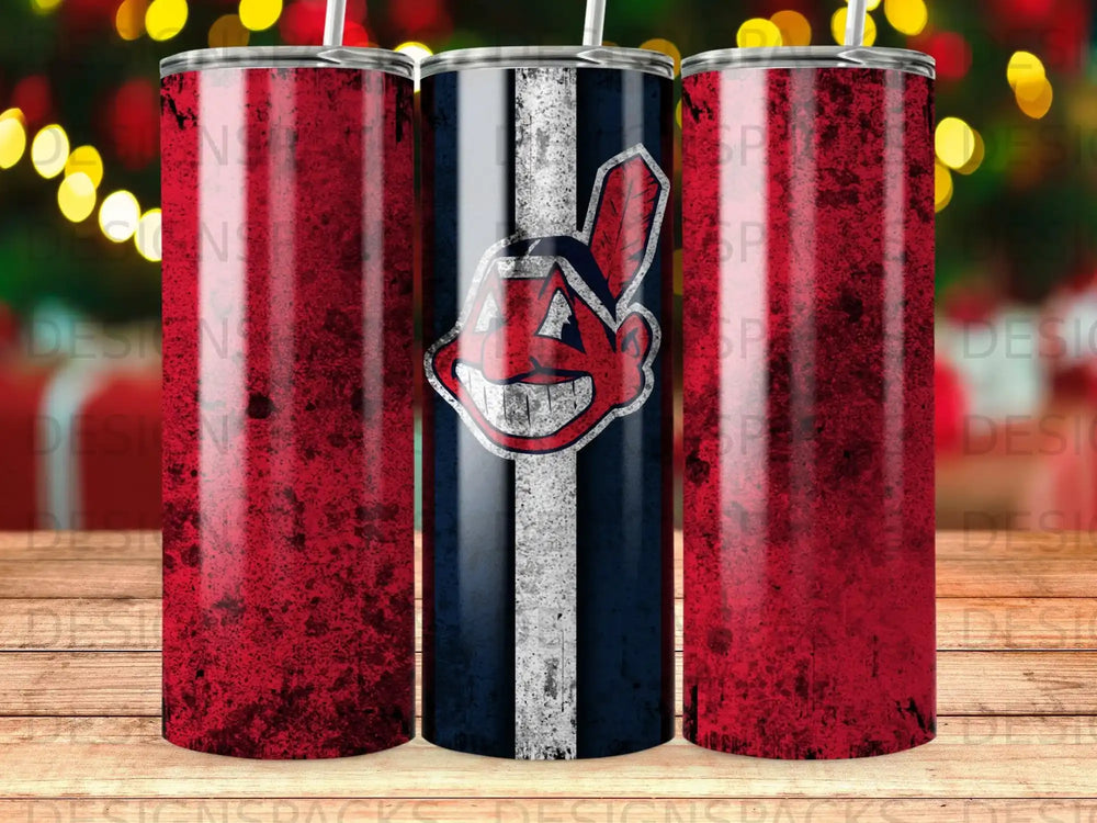 Cleveland Indians logo on a distressed red and blue striped tumbler.