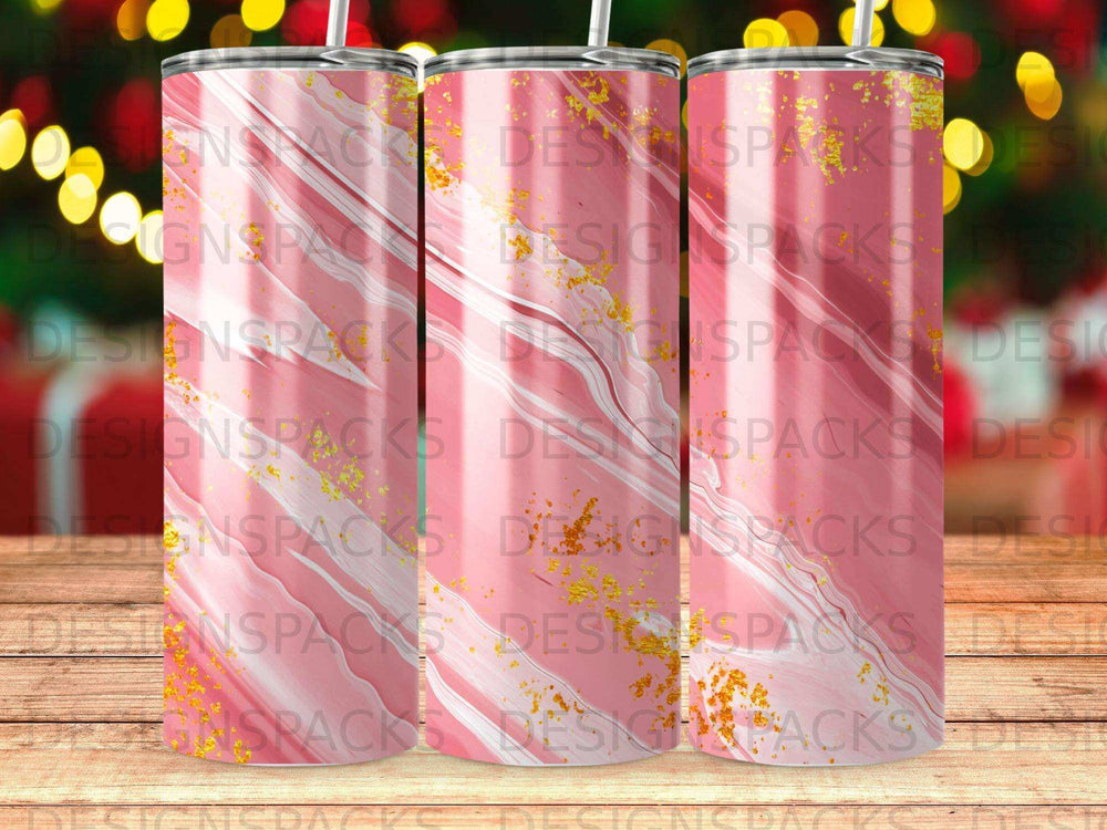 Three sublimation tumblers with a pink watercolor and gold glitter design.
