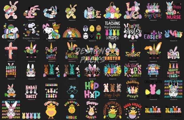 Easter-themed DTF/DTG designs with bunnies, eggs, and festive text for print-ready use
