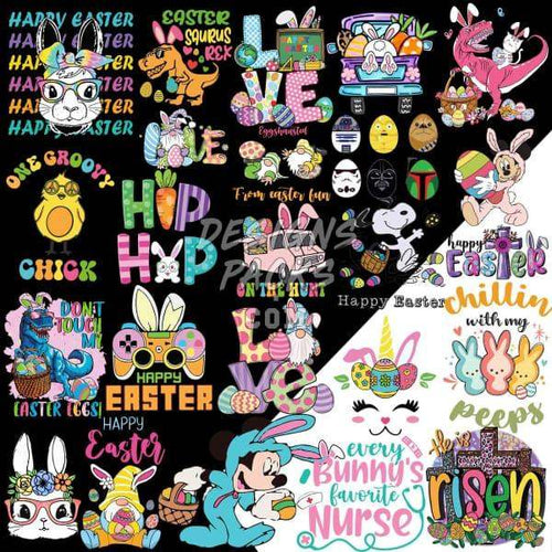 Easter-themed DTF/DTG designs with bunnies, eggs, and festive phrases for print-ready use