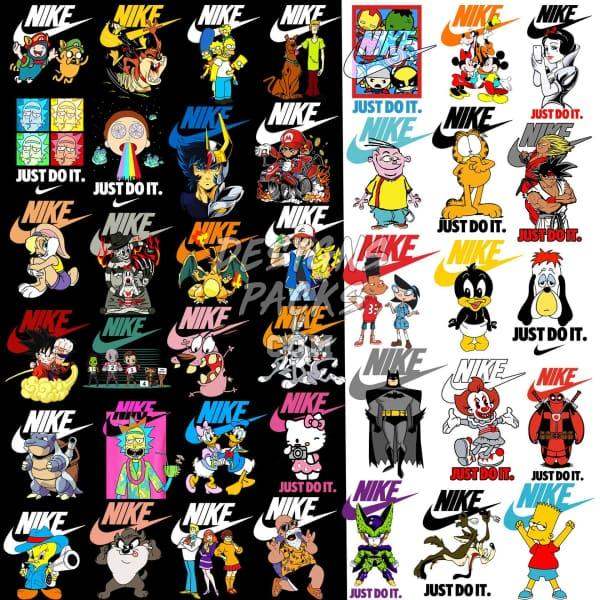 Nike-themed designs with cartoon characters, 'Just Do It' slogan, and vibrant graphics for DTF/DTG printing.