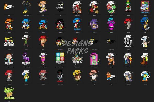 Nike-themed DTF/DTG designs bundle with cartoon characters and 'Just Do It' slogans for t-shirts and merch