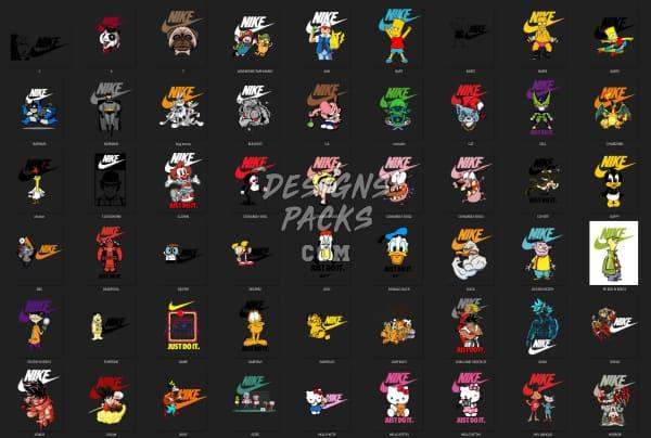 Nike-themed DTF/DTG print designs featuring cartoon characters, logos, and slogans on dark background