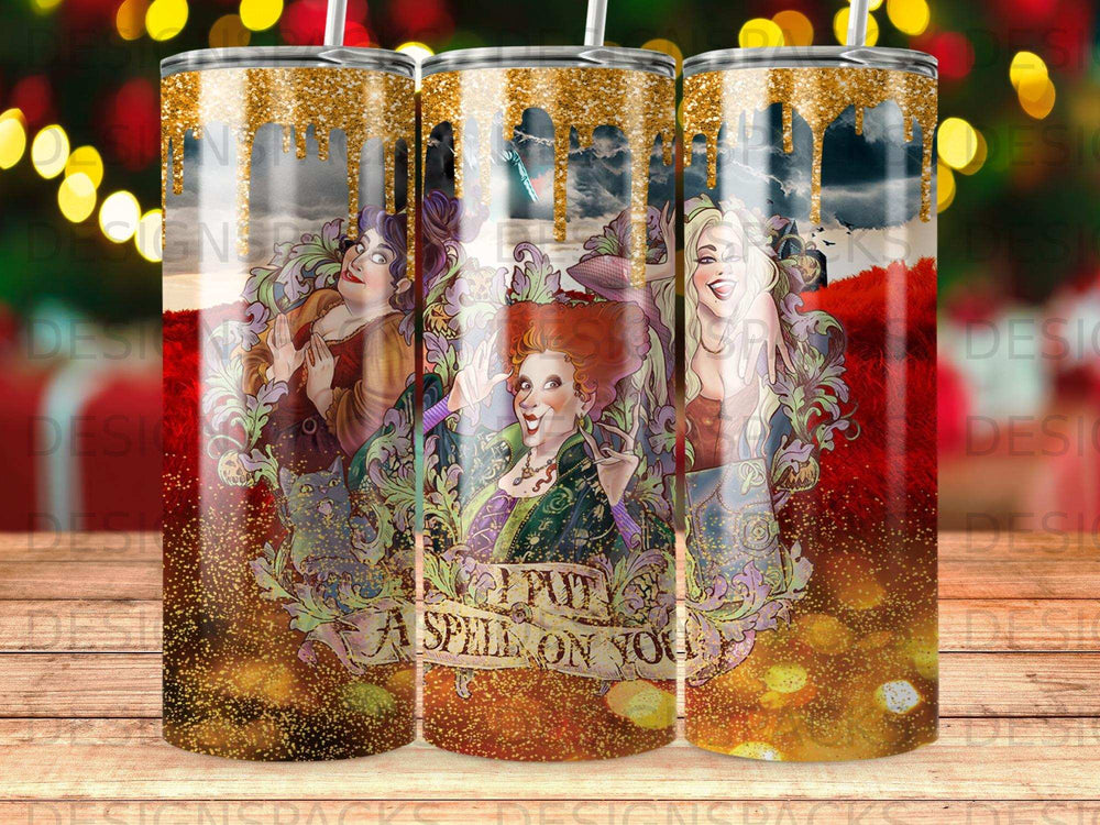 Three witch characters from Hocus Pocus on a gold glitter tumbler.