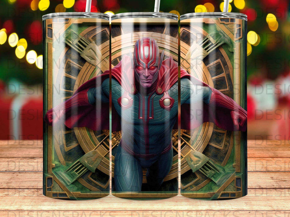 Vision from Marvel Comics in a stylized pose with a metallic, circular background.