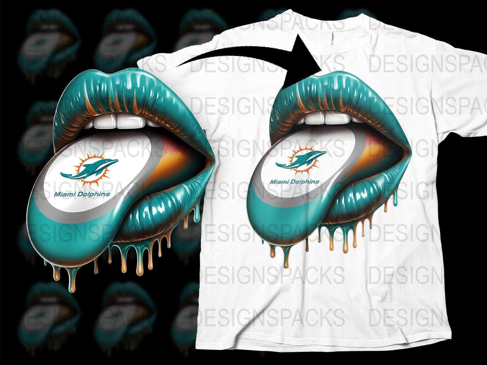Miami Dolphins Graphic T-Shirt, Aqua Blue Dripping Lips Design, NFL Football Team Fan Merchandise, Unisex Casual Wear