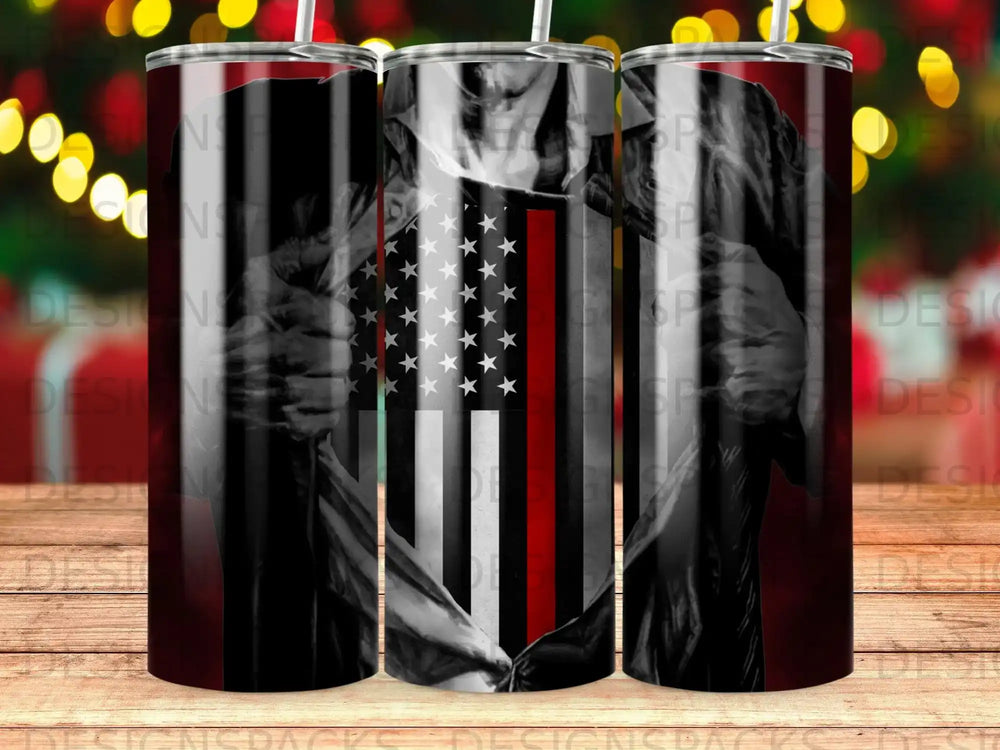 Tumbling tumbler with American flag and red line design.