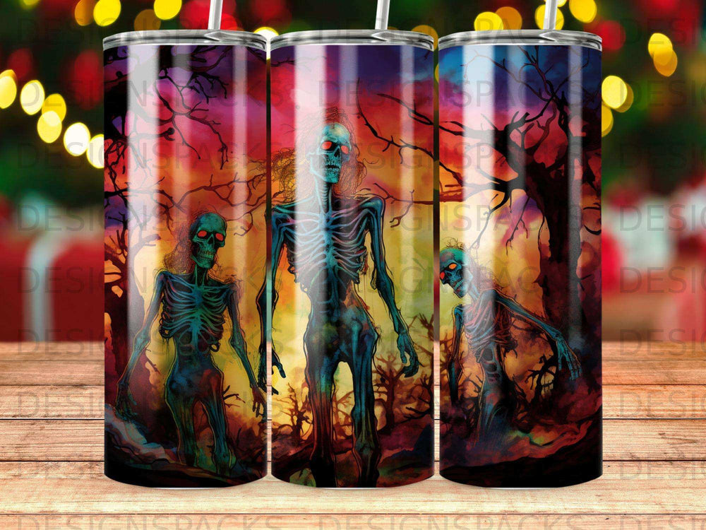 Three skeletal figures with glowing red eyes in a spooky forest setting.