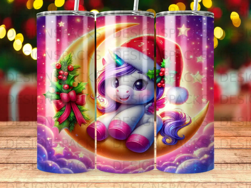 Cute unicorn in Santa hat on moon with stars and snowflakes.