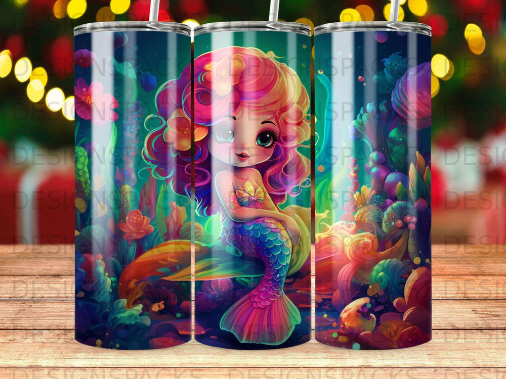 Mermaid with colorful scales and fins sitting on a coral reef.