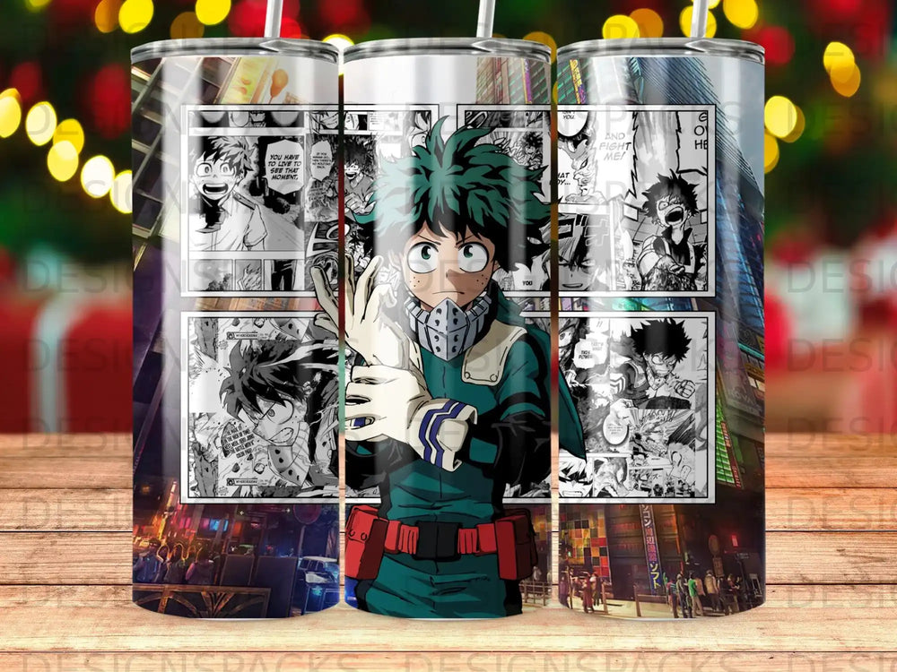My Hero Academia character Deku on a tumbler with comic panel art.