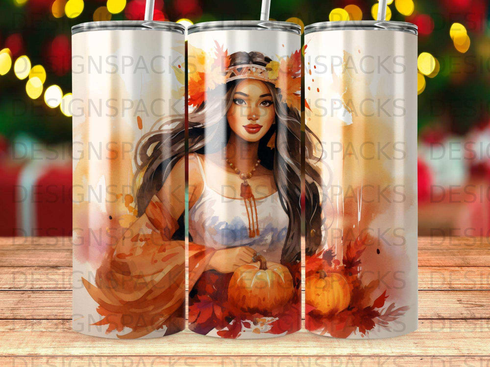 Woman wearing autumnal crown holding a pumpkin surrounded by fall leaves.