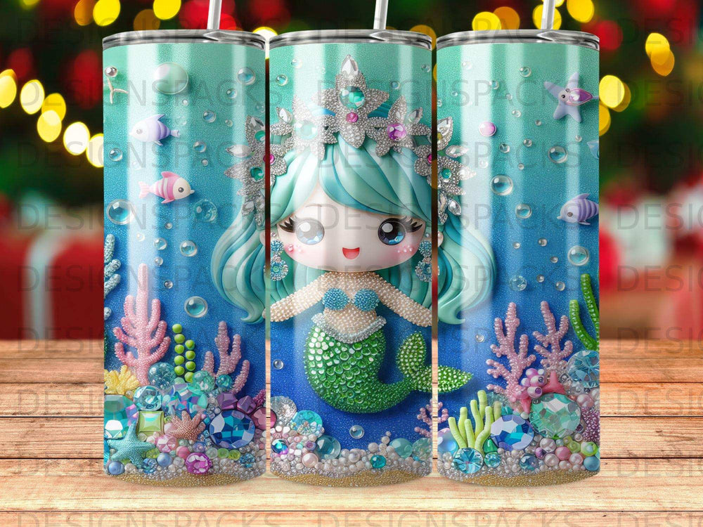 Cute cartoon mermaid with teal tail and crown, surrounded by coral and jewels.