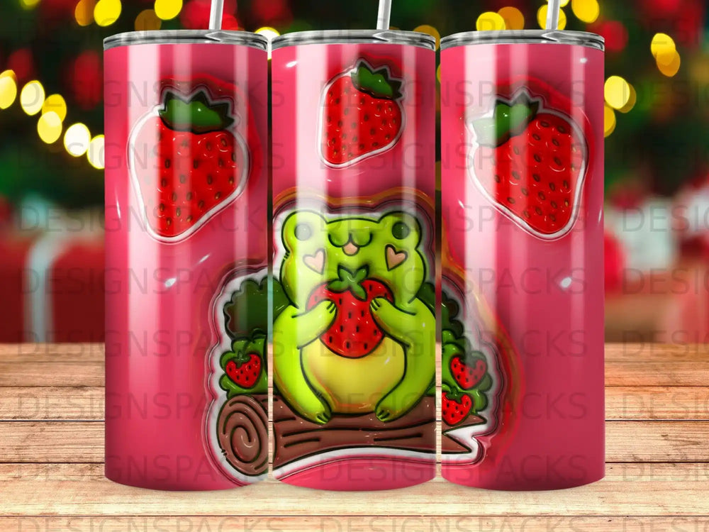 Frog holding a strawberry on a log, surrounded by strawberry pattern.