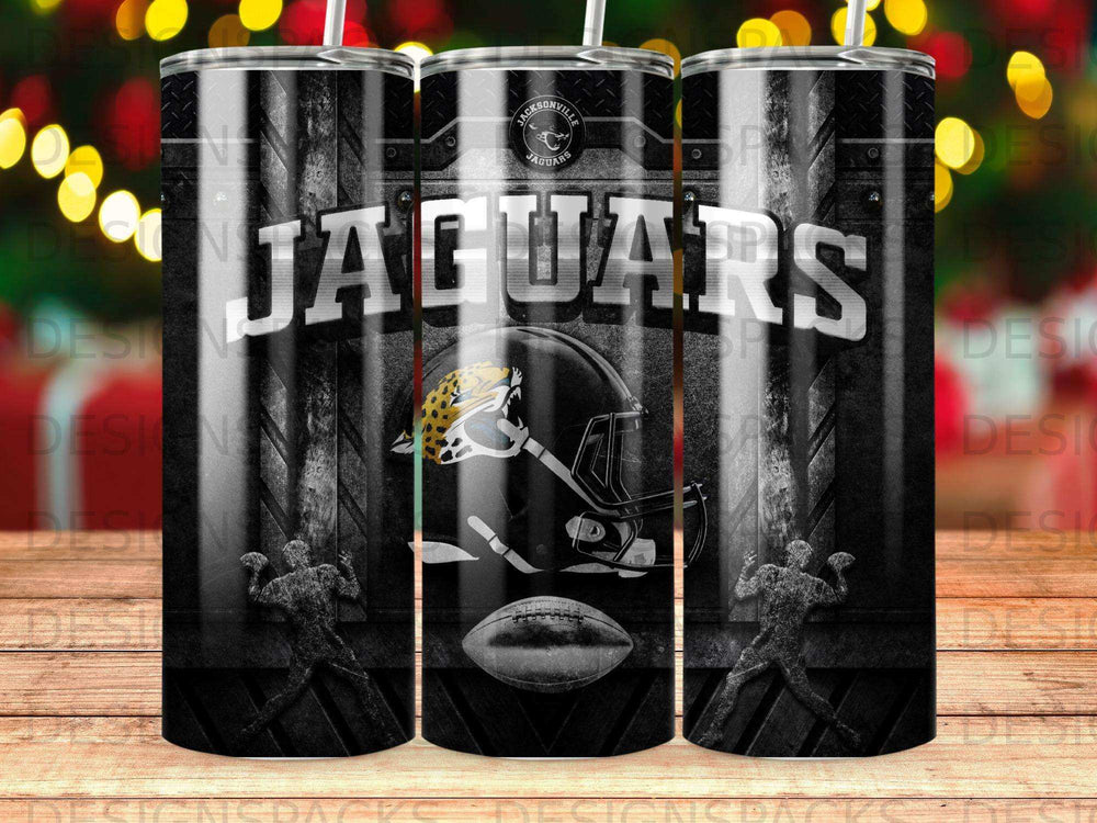 Jacksonville Jaguars football helmet and team logo on a black tumbler.