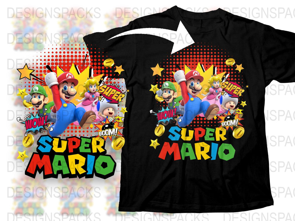Super Mario Graphic T-Shirt, Colorful Nintendo Game Characters Tee, Kids and Adult Sizes Available