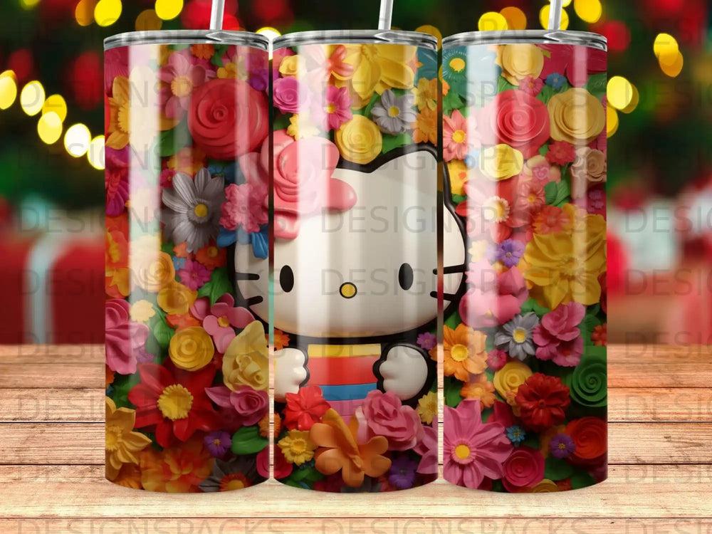 Hello Kitty on a floral tumbler with rainbow stripes.