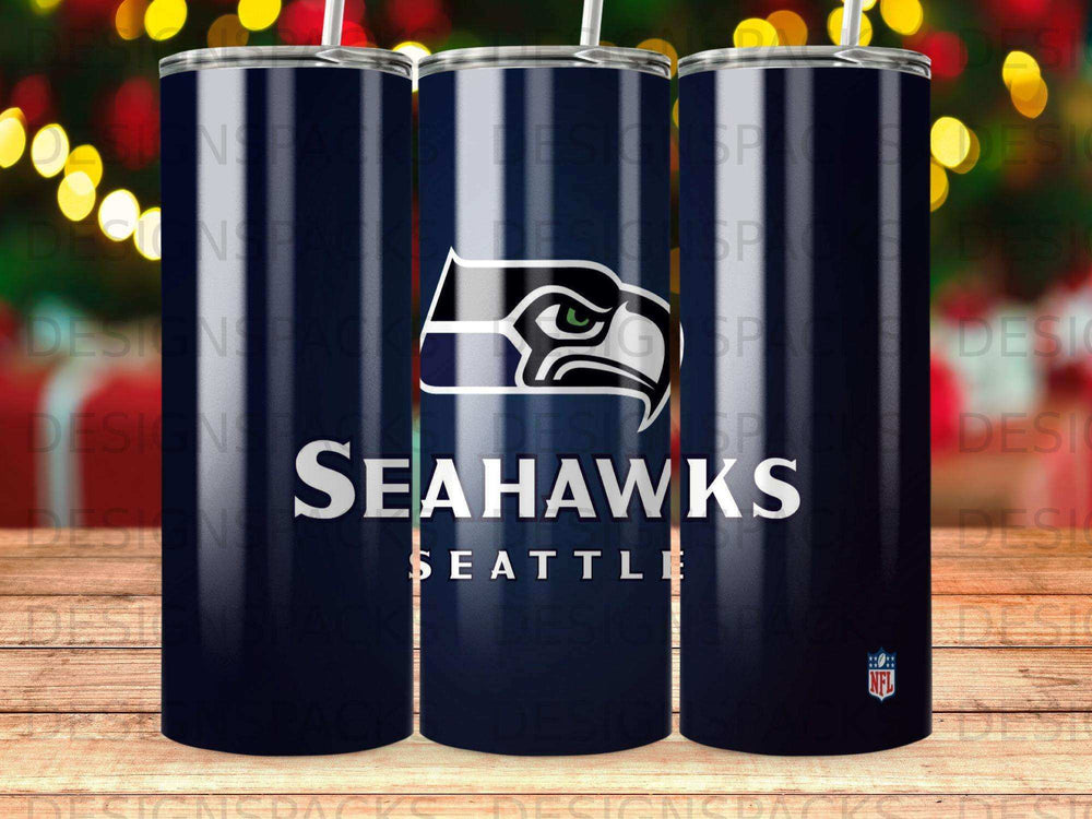 Seattle Seahawks logo and team name on a dark blue tumbler.
