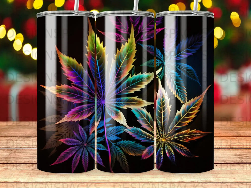 Colorful cannabis leaves on a black background.