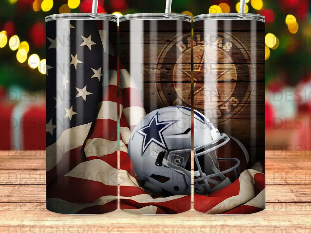 Dallas Cowboys helmet and football with American flag.