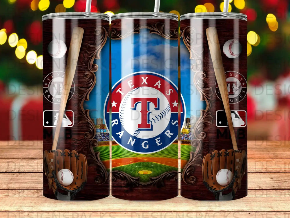Texas Rangers baseball tumbler with glove, baseball, and bats.