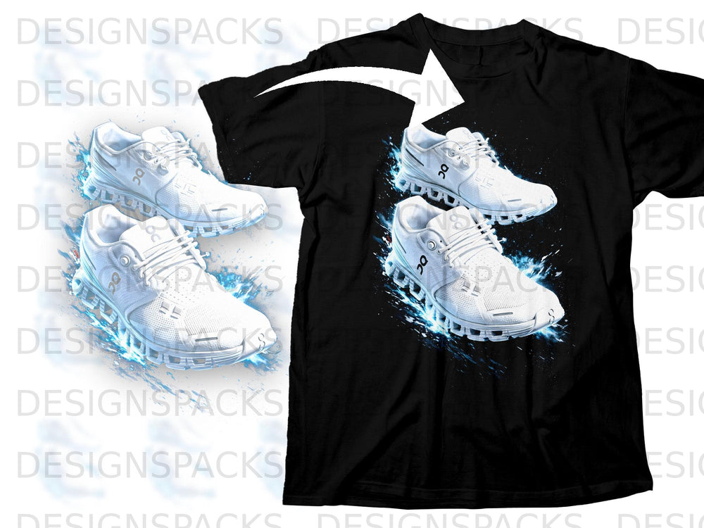 White running shoes with blue energy effects on a black t-shirt.