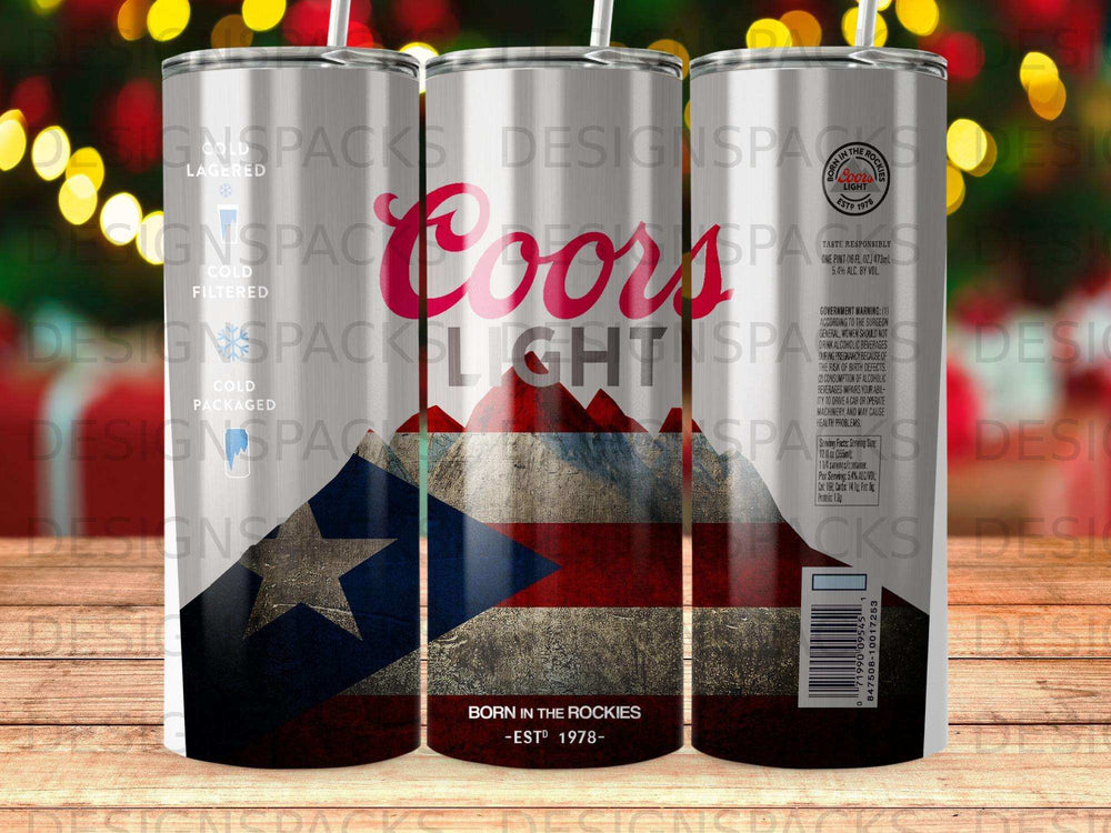 Coors Light can with Puerto Rican flag design and "Born in the Rockies" text.