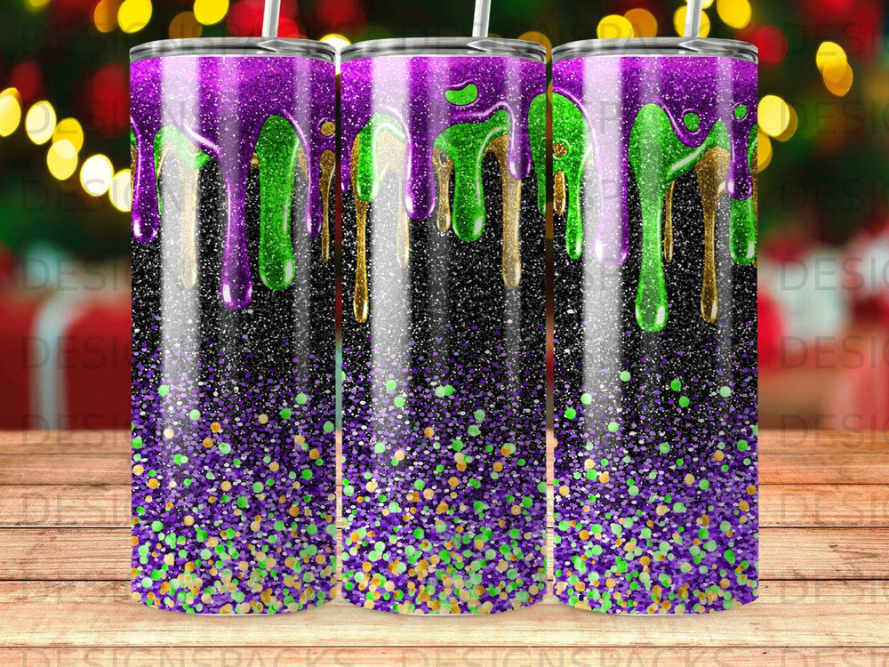 Glittery purple and green drips over a black speckled tumbler design.