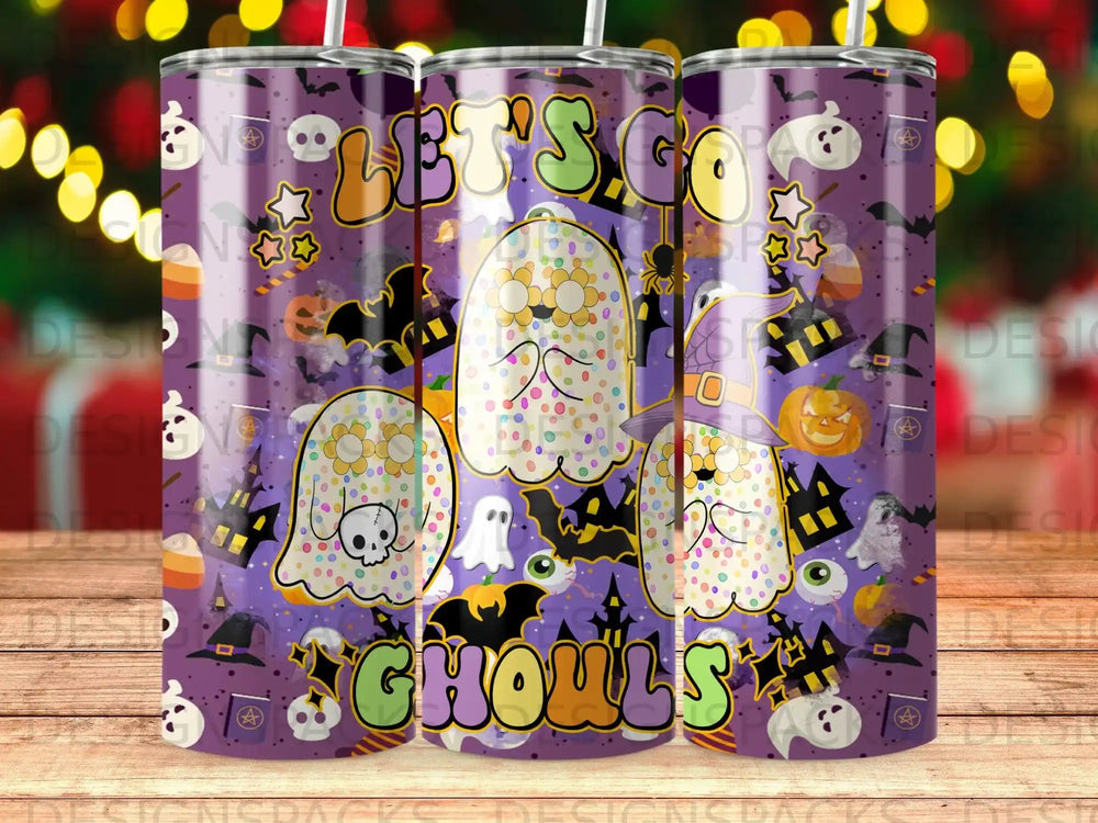 Halloween tumbler with ghosts, bats, and the text "Let's Go Ghouls."