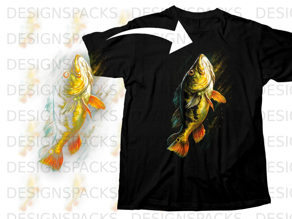 Black t-shirt with a detailed illustration of a bass fish.