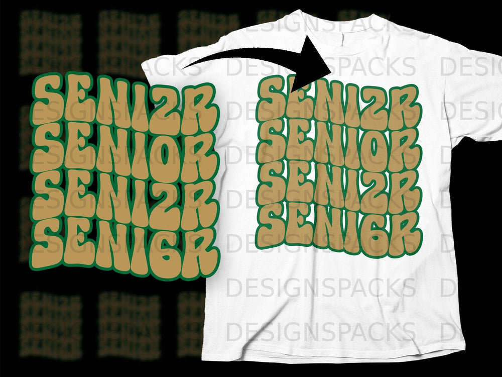 White t-shirt featuring a stacked "SENIOR" graphic in brown with green outline.