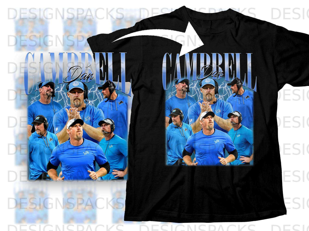 Men's blue long-sleeve t-shirt with graphic of Dan Campbell and players.