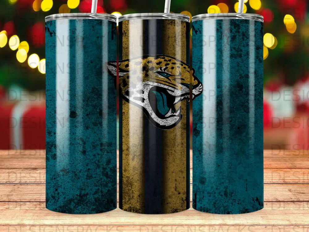Jaguar mascot logo on a distressed blue and gold striped tumbler.