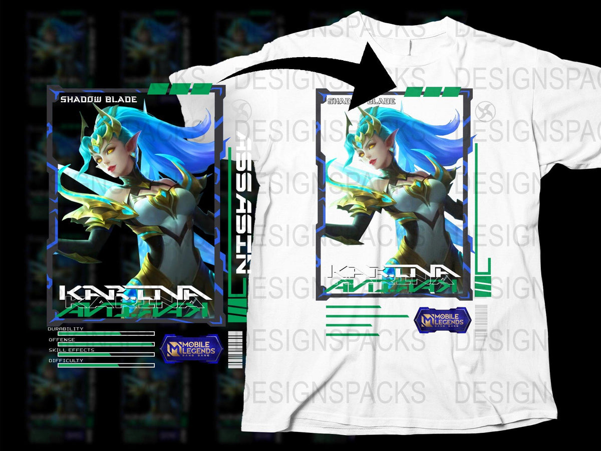 Mobile Legends Shadow Blade Karina T-Shirt, Gaming Apparel, Blue Hair Character Design, Video Game Merchandise